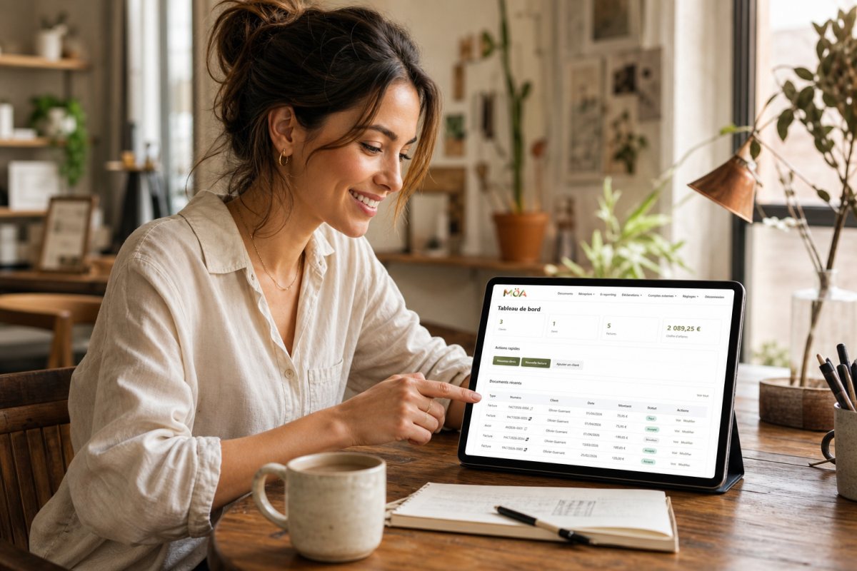 Une formatrice indépendante consulte son tableau de bord MöA sur une tablette
